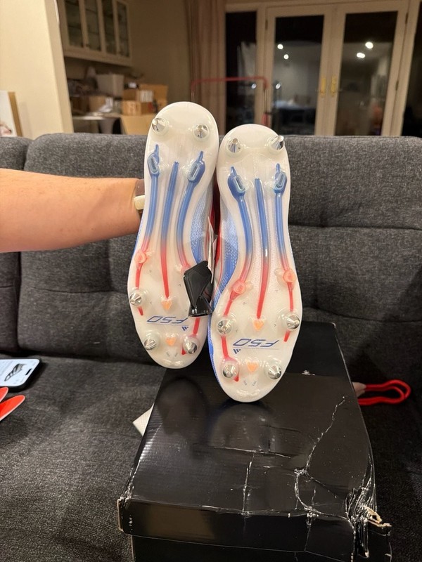 Adidas F50 Elite SG Soccer Cleats - White/Solar Red/Lucid Blue - size 9.5M gallery