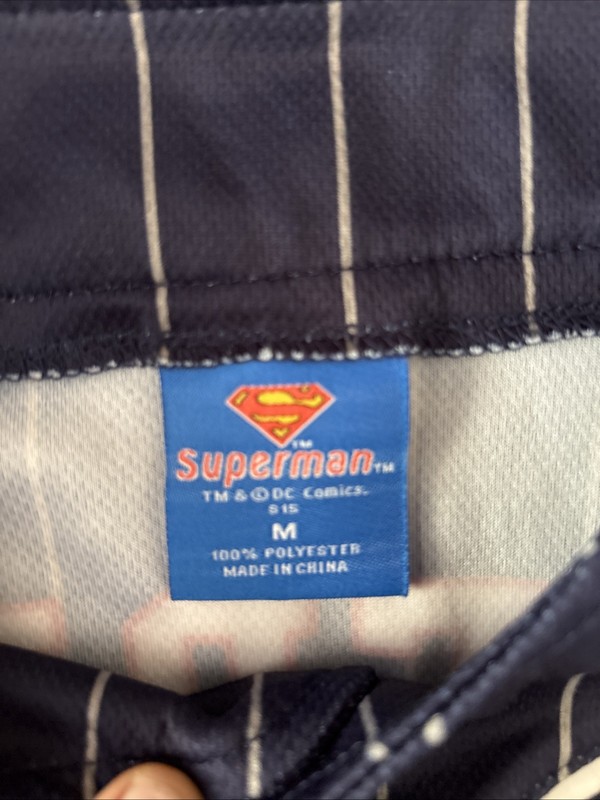 Superman Baseball Jersey Size Medium 2 Sided Navy And White Pinstriped gallery