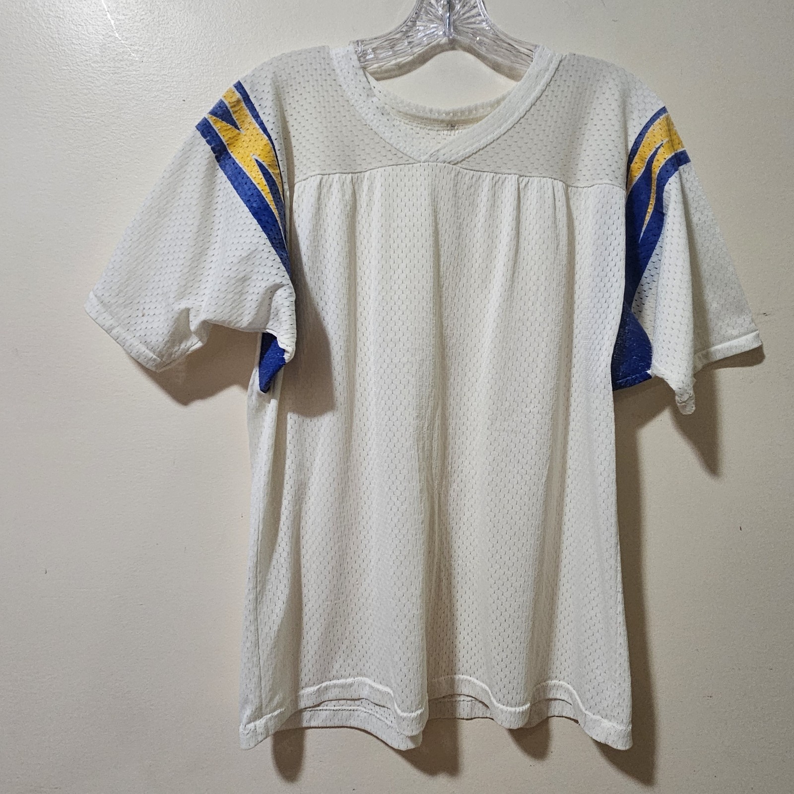 Vintage 1980s White Mesh Jersey Mens Sz M White Blue Yellow/Gold Lightning Bolts gallery