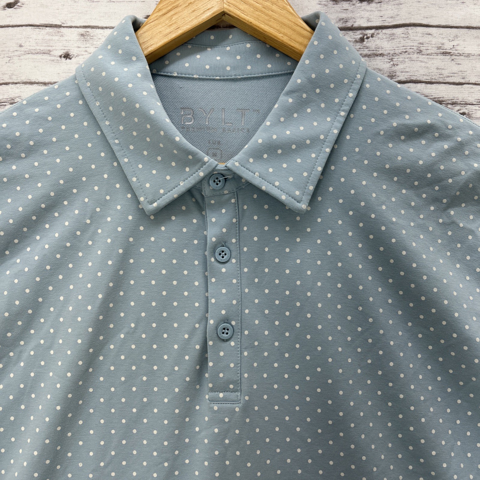 BYLT Lux Golf Polo Shirt Mens Medium Premium Drop Cut Blue Polka Dots Stretch gallery