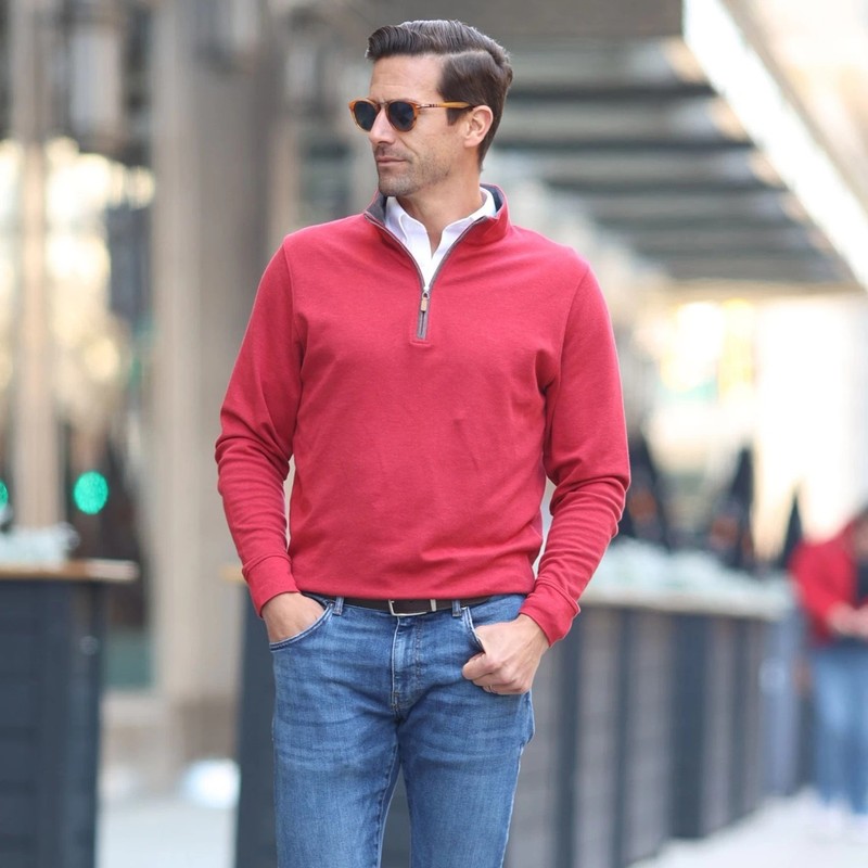 NWT Collars & Co Heather Cloud Cotton Quarter Zip Red with Gray Trim L gallery