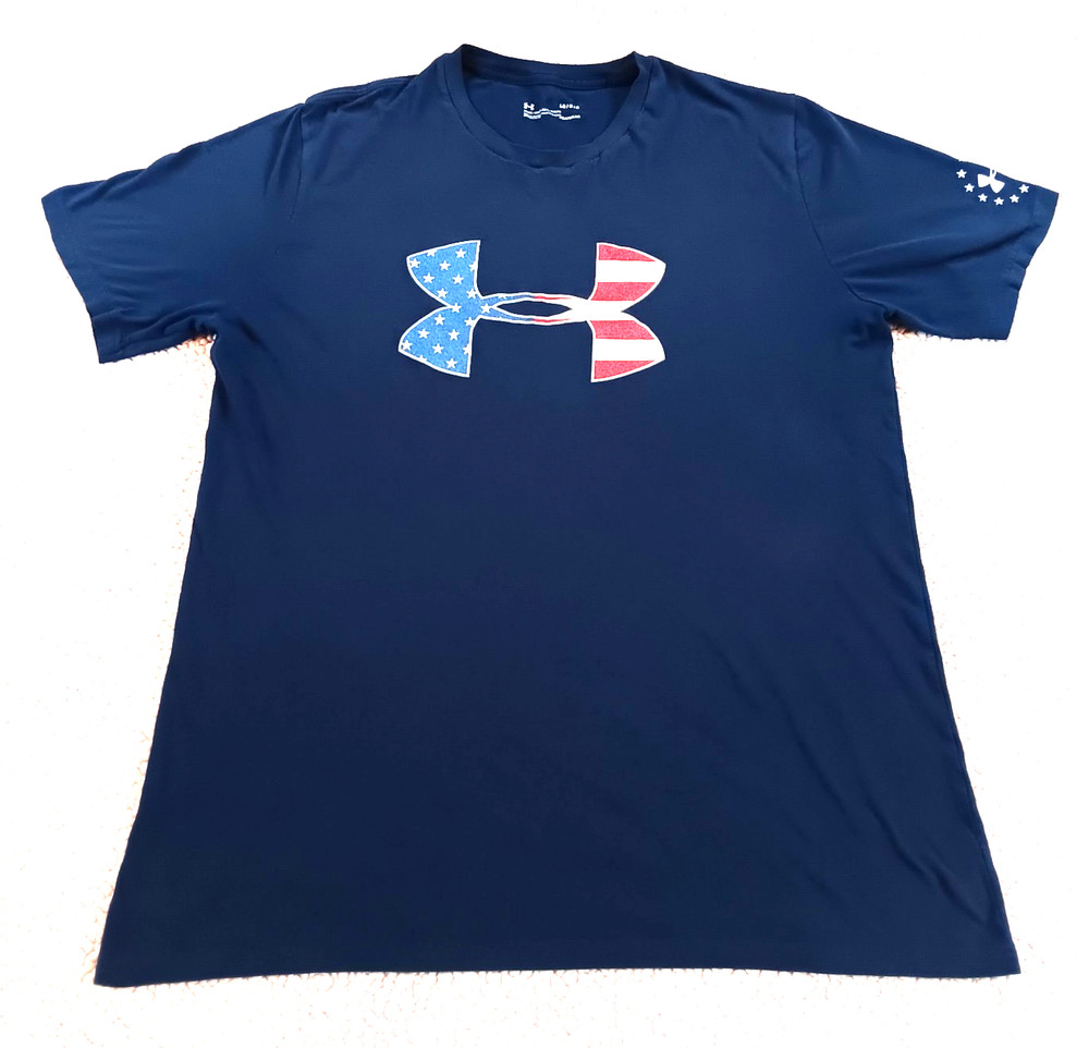 PATRIOTIC Under Armour Heat Gear Athletic T-Shirt Loose Fit American Flag Size L