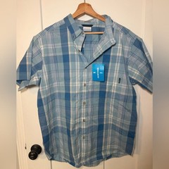 Columbia Mens Rapid Rivers Short Sleeve Shirt Light Blue Plaid Casual Large