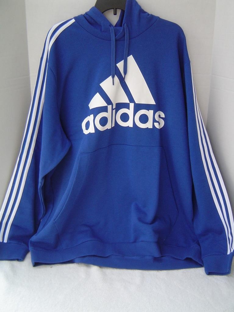 NEW MENS ADIDAS BLUE PULL OVER HOODIE WITH WHITE LOGO SIZE XLT gallery