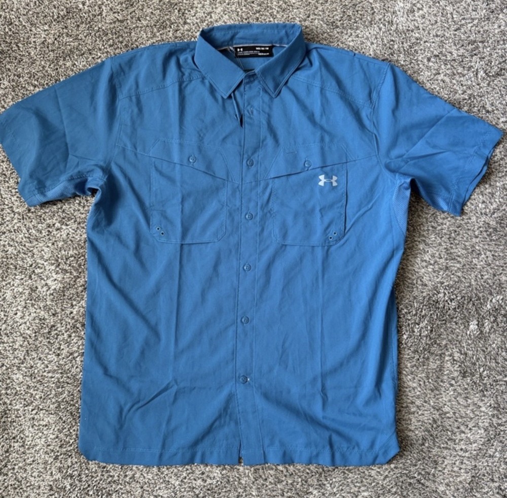 Mens Under Armour Heat Gear Loose Super Lightweight Vented Button Down Shirt Med