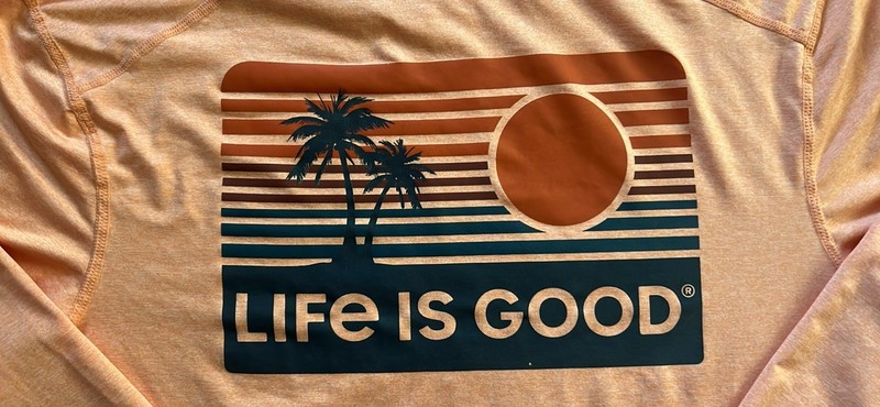 Life Is Good LS Active Hooded Tee SUNSET Palm Tree Moisture Wicking UPF Mens Med gallery