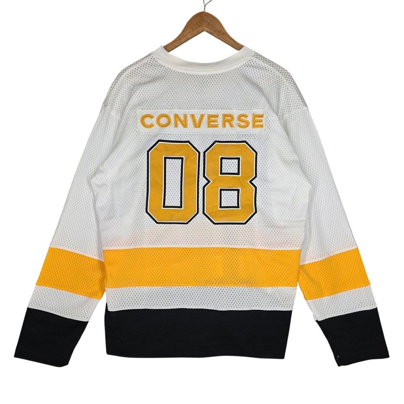 CONVERSE OVERSIZED EMBROIDERED PATCH HOCKEY JERSEY – WHITE/YELLOW/BLACK – SIZE S gallery