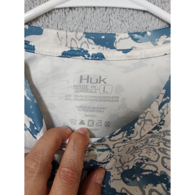 Huk Shirt Mens Large Fishing Performance Camo Long Sleeve White Blue WORN SPTOS gallery