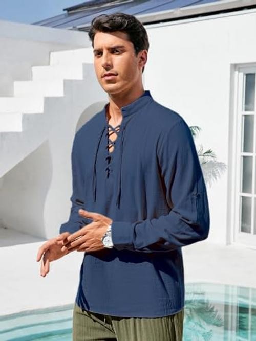 Men's Summer T-Shirt V-Neck Drawstring Tied Collar Long Sleeve Small Navy gallery