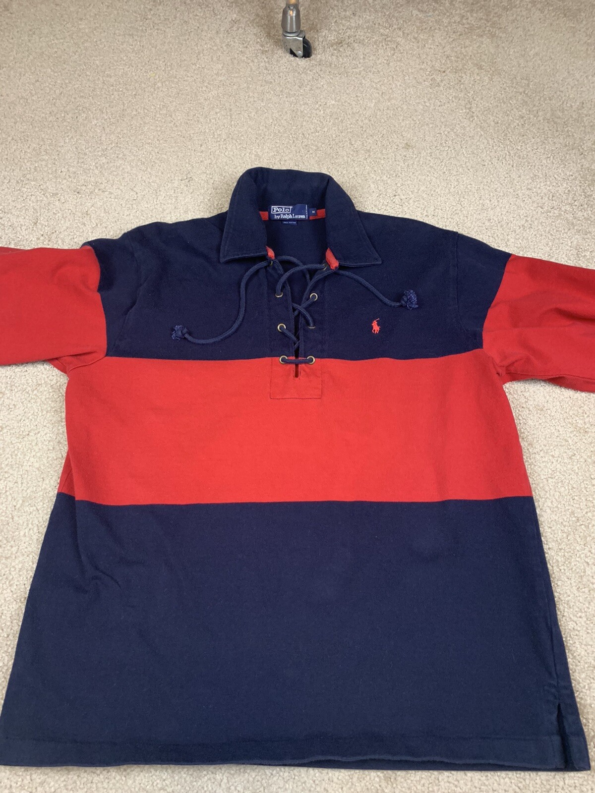POLO RALPH LAUREN 100% COTTON NAVY BLUE WITH RED STRIPE LACE UP RUGBY SHIRT SZ M gallery
