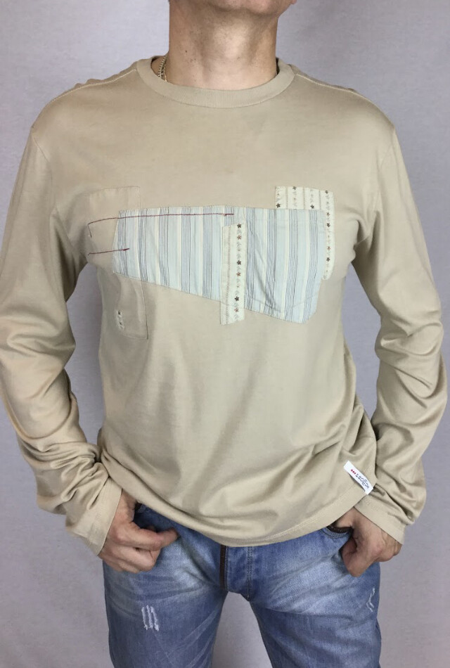 Incredible Produx Designer's Top beige crew neck long sleeves light sand patches gallery