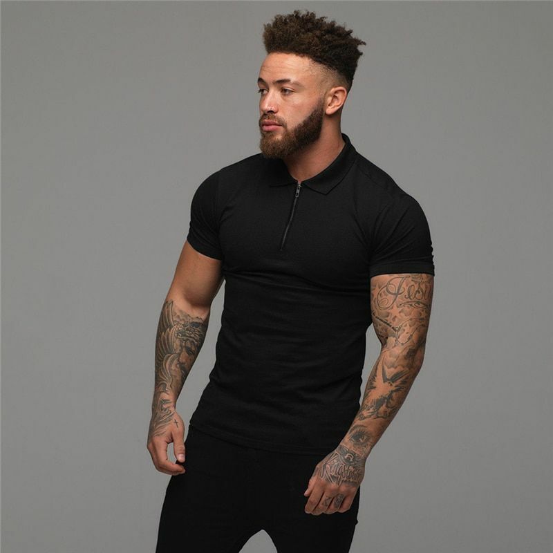 Mens T Shirts Casual Fashion Gym Fitness Short Sleeve Zip Muscle Guy Polo Shirt gallery