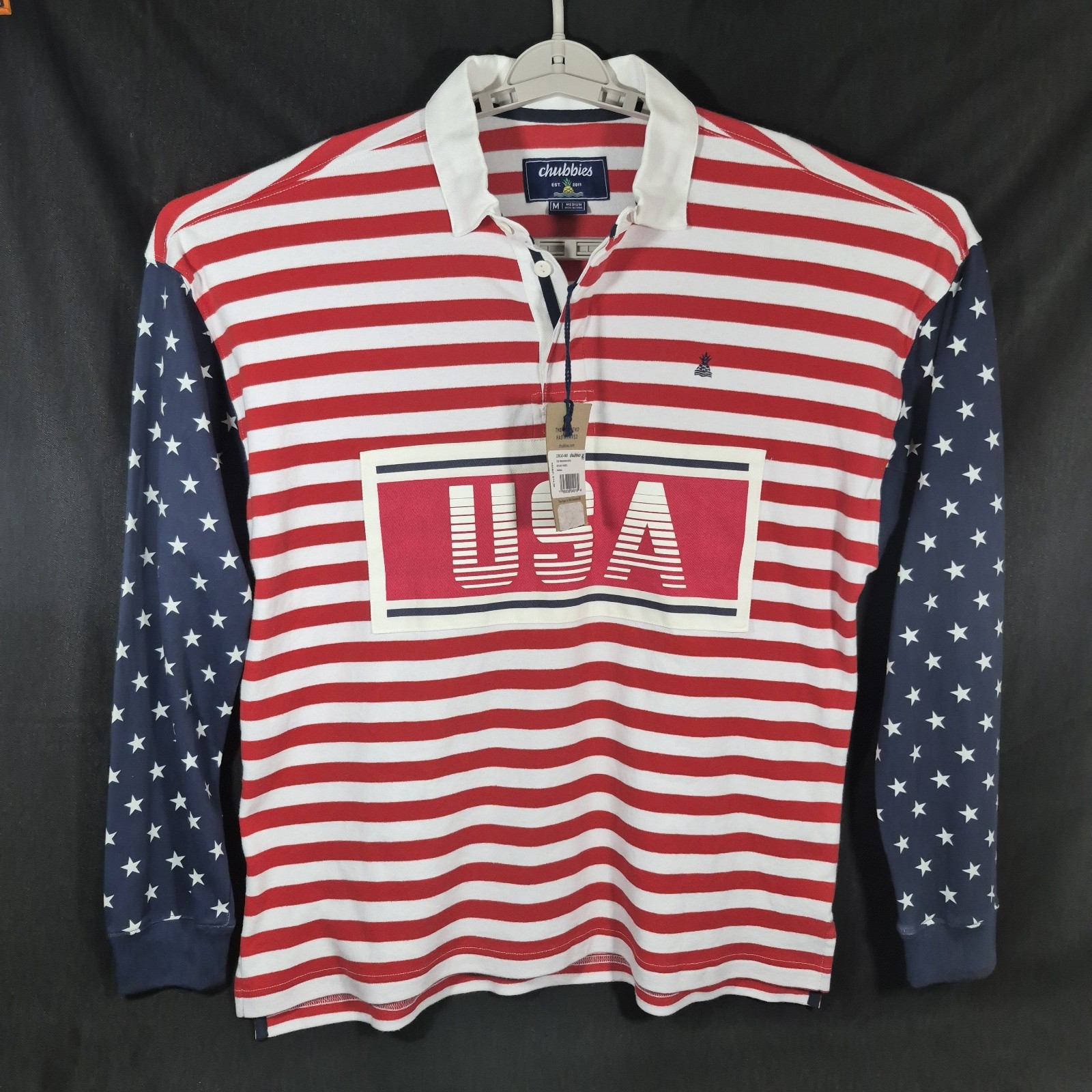 Chubbies Men's Rugby Shirt Red White Blue Patriotic Long Sleeve Button L gallery