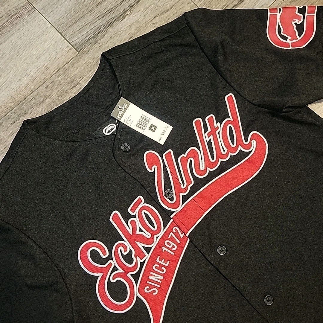 Ecko Unltd Baseball Jersey Mens Medium Button Up Short Sleeve Black Spellout NEW gallery