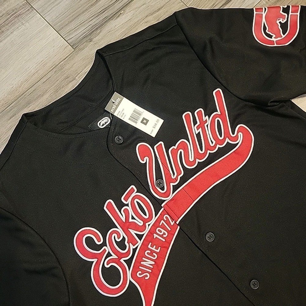 Ecko Unltd Baseball Jersey Mens Medium Button Up Short Sleeve Black Spellout NEW