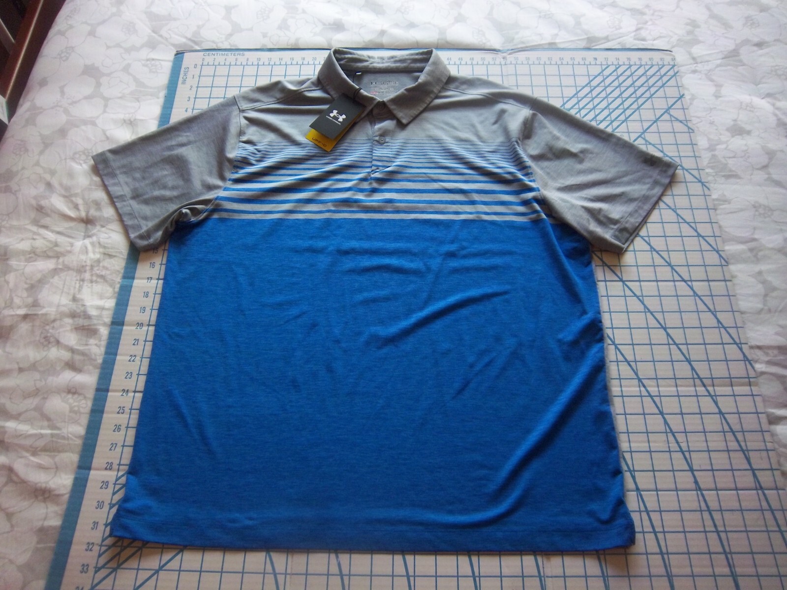 MENS 2XLARGE BLUE/GRAY STRIPED UNDER ARMOUR POLO SHIRT - NWT gallery