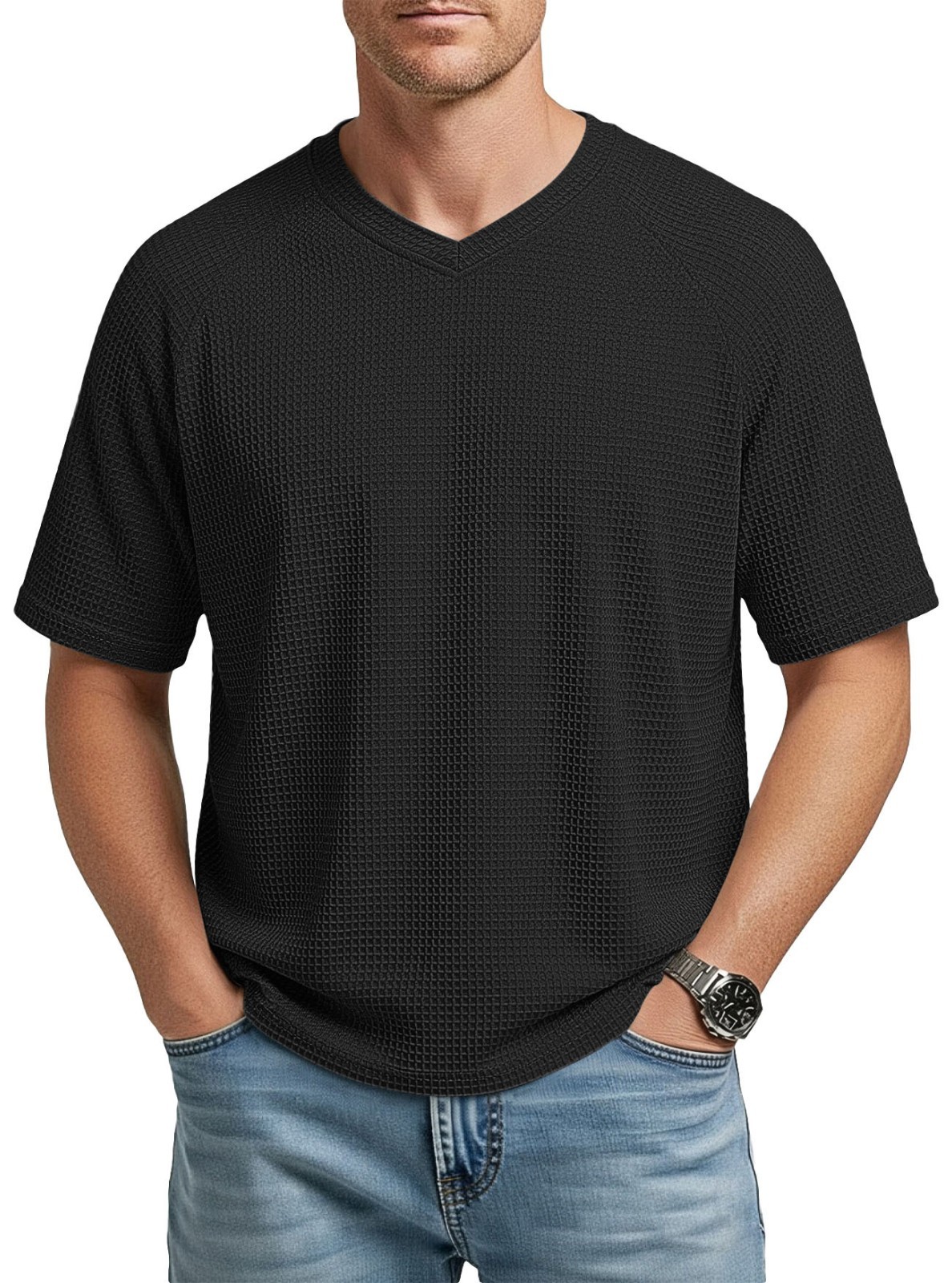 Men's Waffle Knitted Versatile Shoulder Sleeve V-neck Short Sleeve Men's T-shirt gallery
