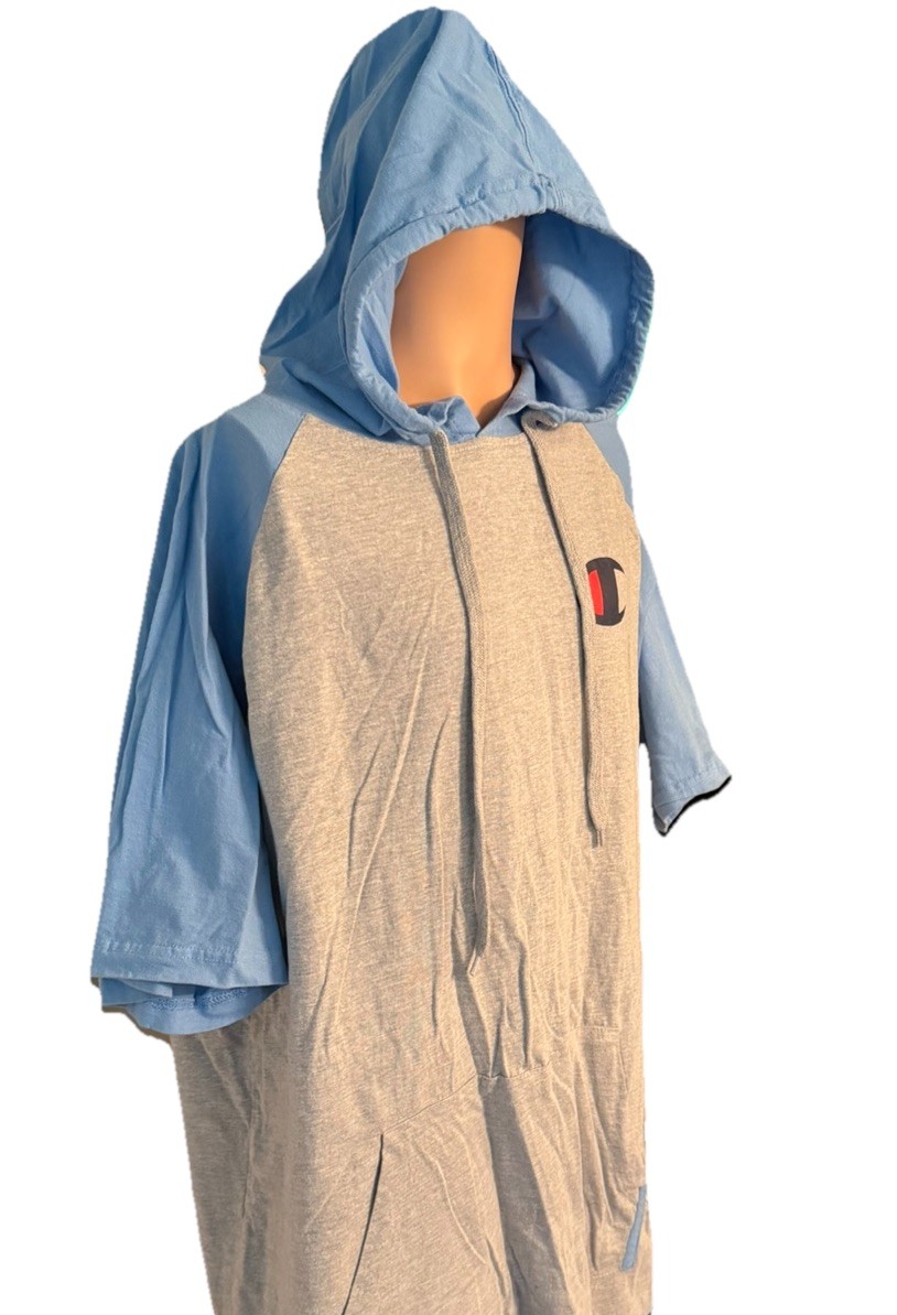Champion Size XL Short Sleeve Hooded Shirt Gray And Light Blue with Front Pocket gallery