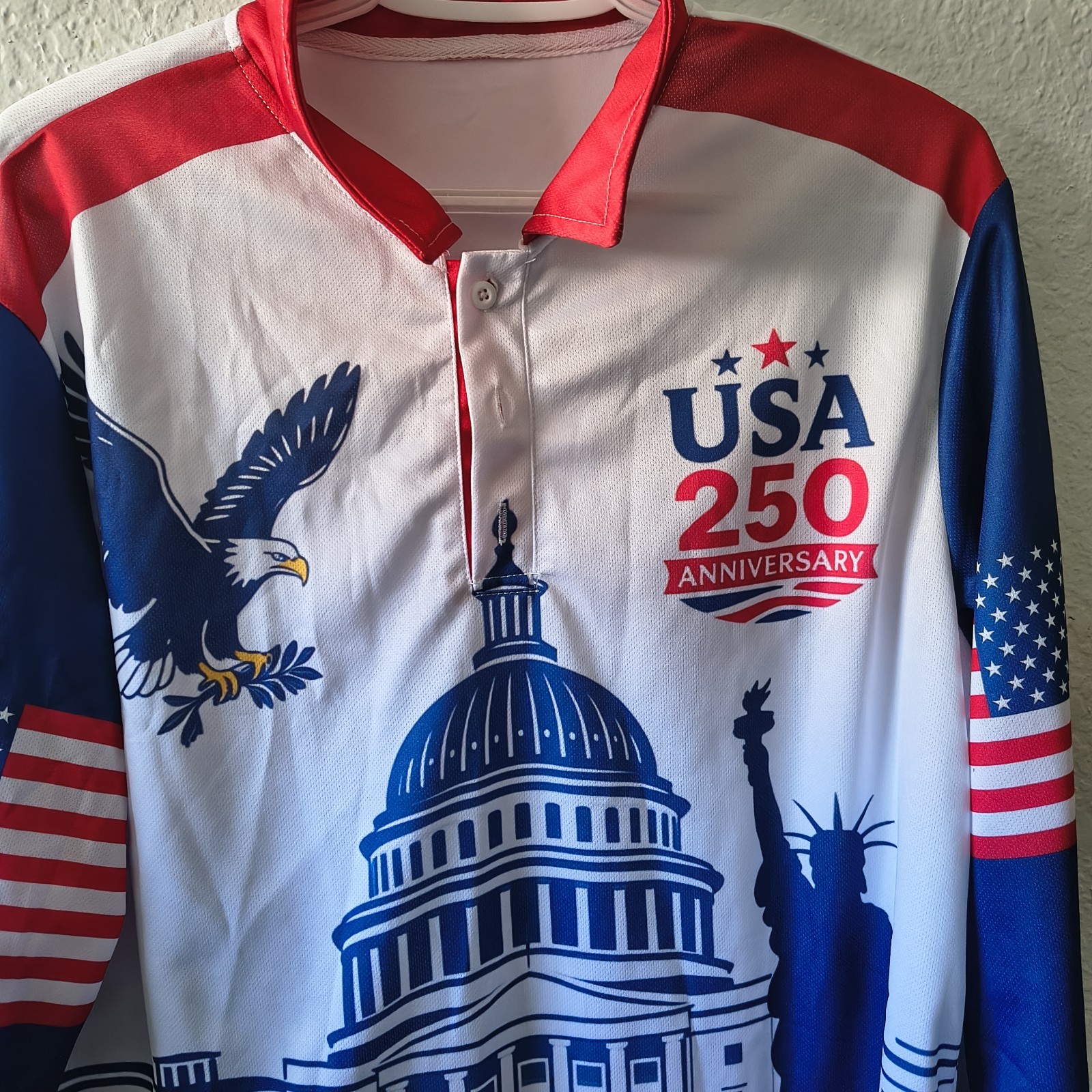 Men's USA 250 Anniversary Patriotic Long Sleeve Polo Shirt L 1/4 Button gallery