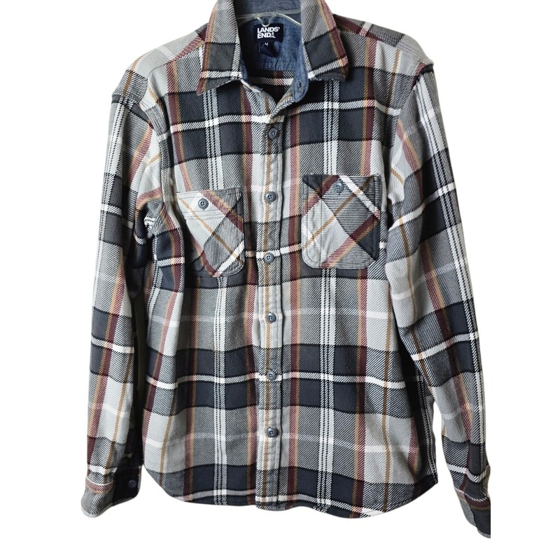 Lands’ End Flannel Shirt Men M Charcoal Plaid Traditional Fit Cotton Button Down gallery