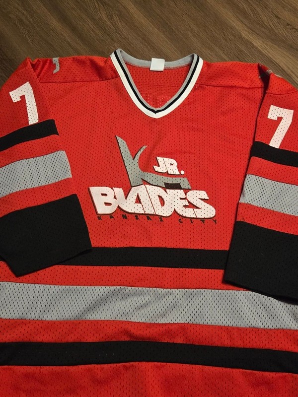 Kansas City Blades Red Hockey Jersey with Black & Gray Stripes... Large gallery