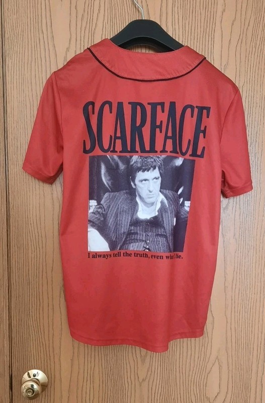 Scarface Mens Red And Black Tony Montana Baseball Jersey Size M gallery