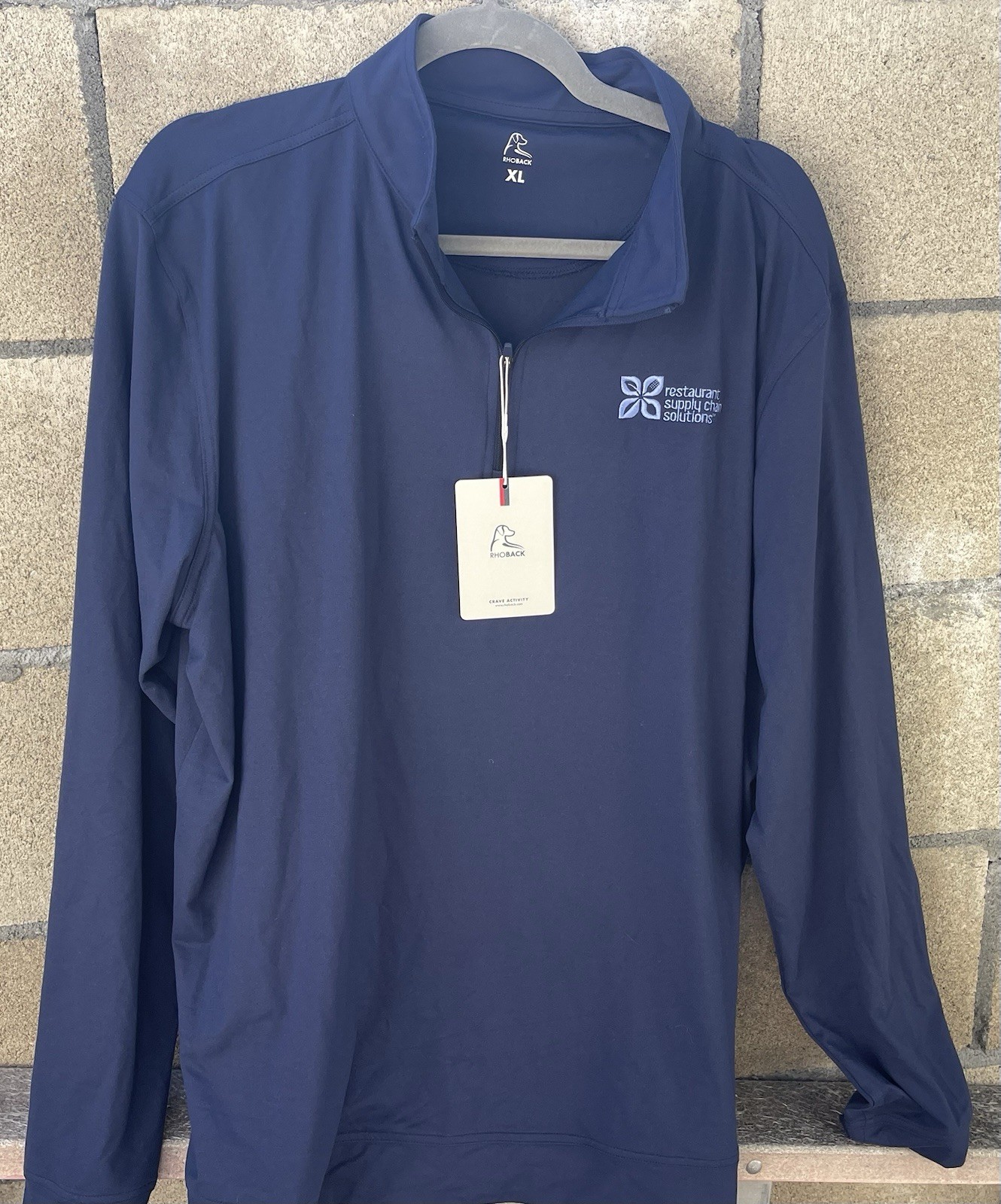 Rhoback Mens XL Navy Performance Quarter Zip Pullover Restaurant Logo NWT gallery