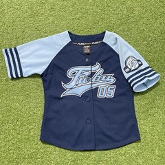 Vintage FUBU League 05 Baseball Jersey Youth Medium M 8 Blue Button Snap