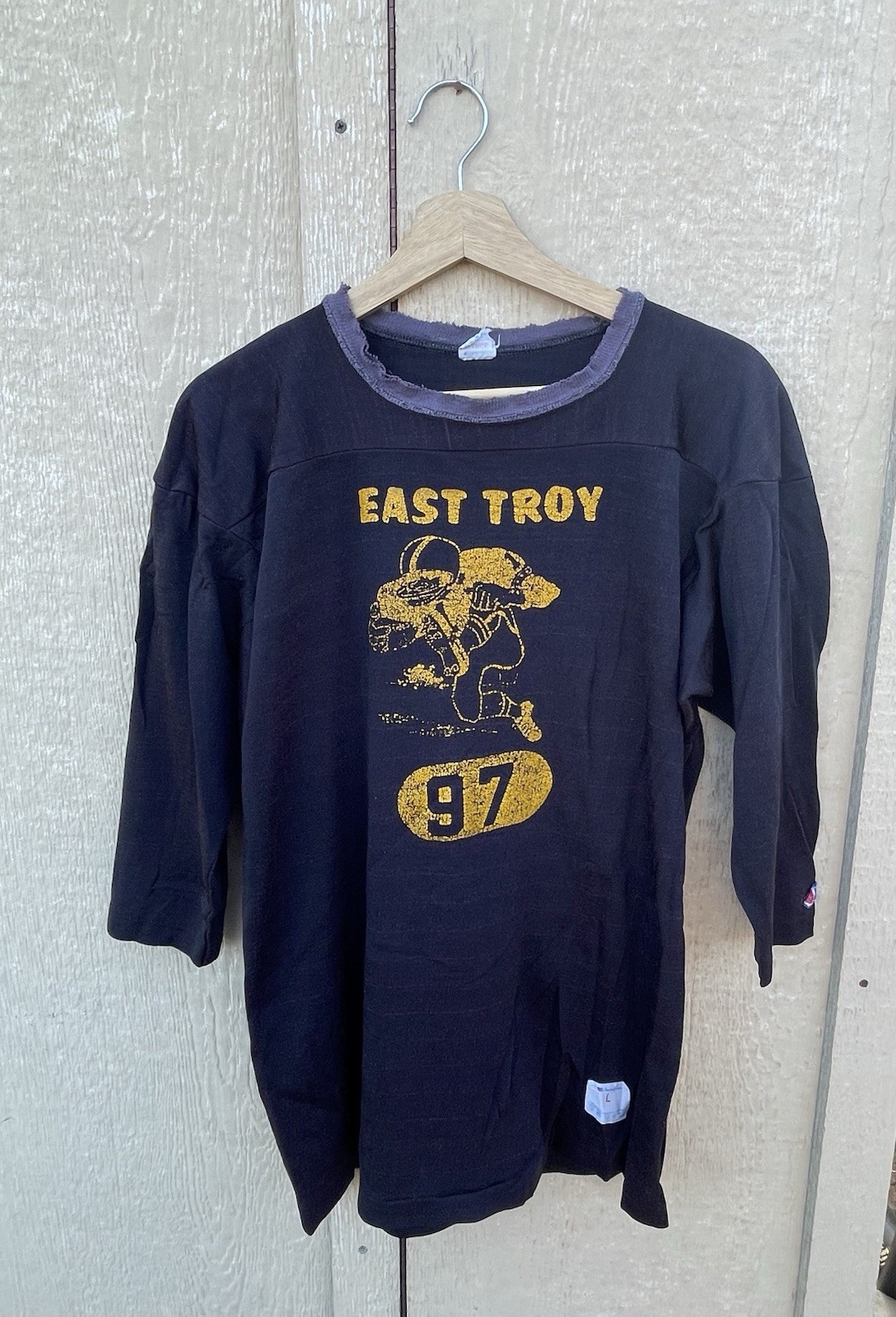 Vintage 70s Champion Thrashed Football Jersey Rayon Size Large Black East Troy gallery