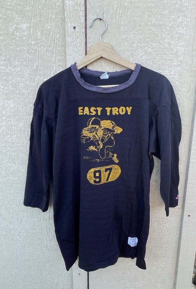Vintage 70s Champion Thrashed Football Jersey Rayon Size Large Black East Troy
