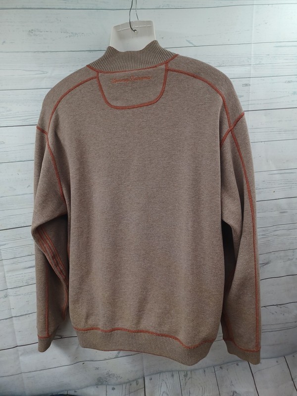 Tommy Bahama Men Orange Rust Brown Crochet Sweater Jacket Henley 1/4 Zip Sz XL gallery