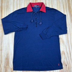 POLO RALPH LAUREN NAVY BLUE WITH RED LACE UP RUGBY SHIRT SZ S Cotton Rayon