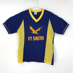 Vintage USA Made Fort Smith Arkansas 28 Jersey Blue Yellow Short Sleeve Mens L