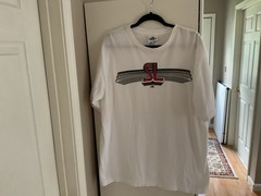 New Adidas Mens Short Sleeve Shirt Red Letters Gray Striped Cotton Sz L Told