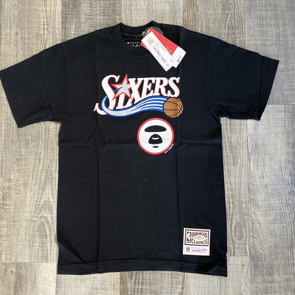 Bathing APE x Mitchell Ness 76 Sizers Black T-Shirt Mens S Aape Bape
