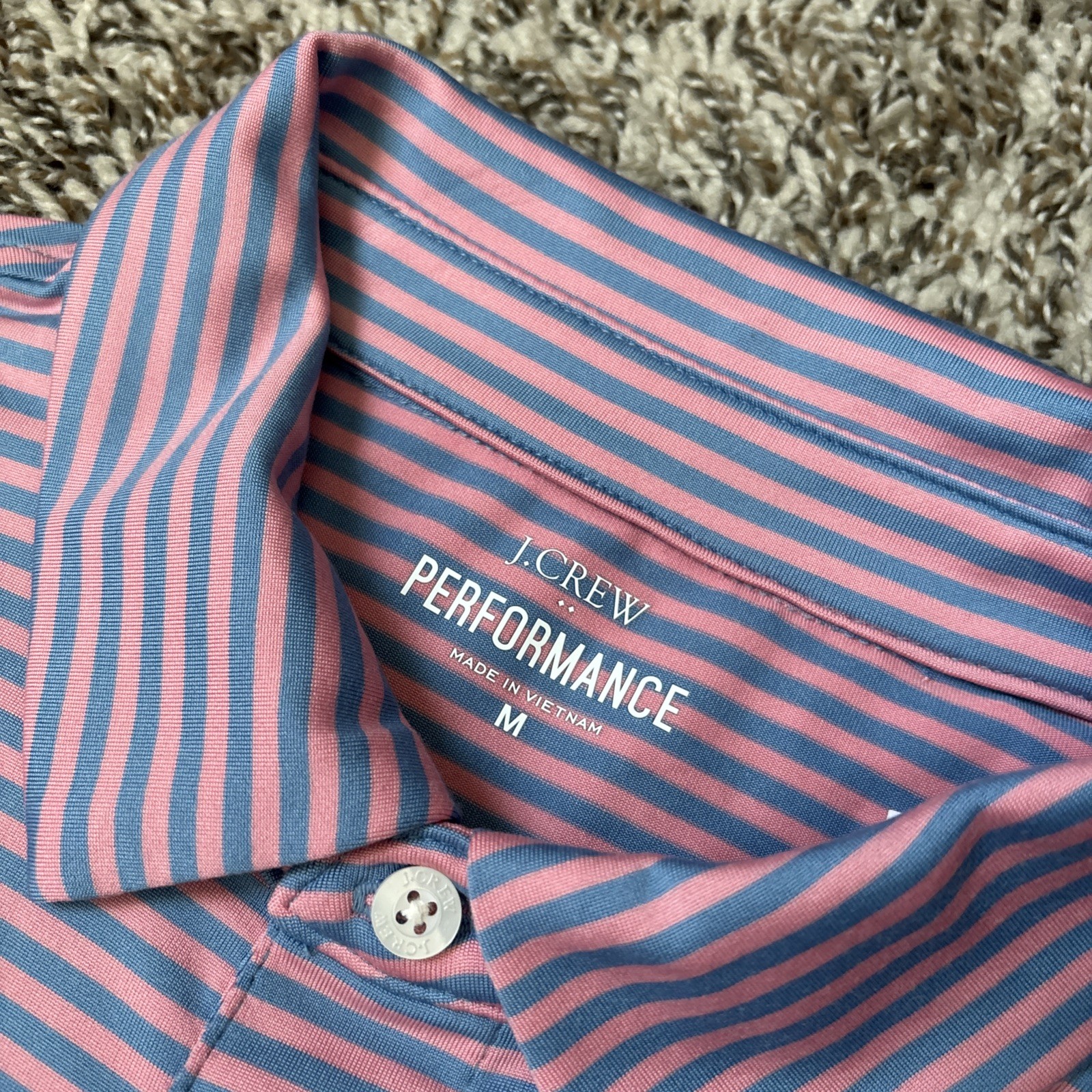 J Crew Performance Men's Polo Shirt, Pink Blue Striped, Medium, NWT gallery
