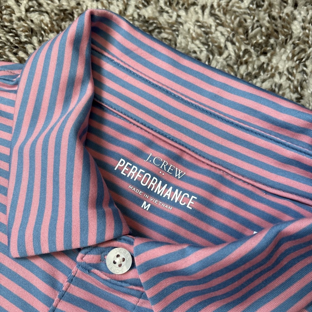 J Crew Performance Men's Polo Shirt, Pink Blue Striped, Medium, NWT