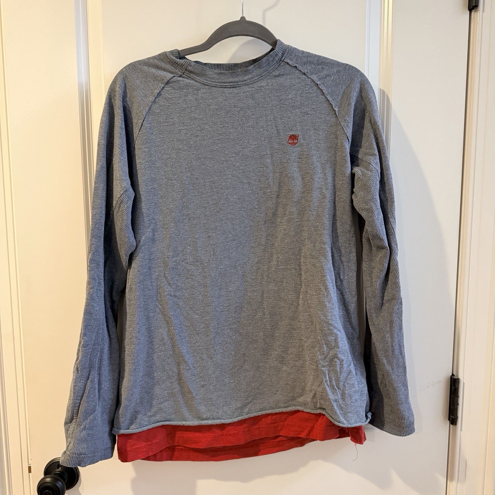Timberland Men's Gray Red Long Sleeve Raglan Pullover double layer Logo Top gallery