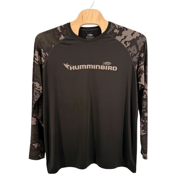 AFTCO Performance Shirt Mens XXL Pre-Owned Green Humminbird Fishing Camo Raglan gallery