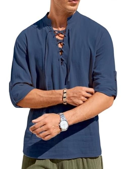 Men's Summer T-Shirt V-Neck Drawstring Tied Collar Long Sleeve Small Navy gallery
