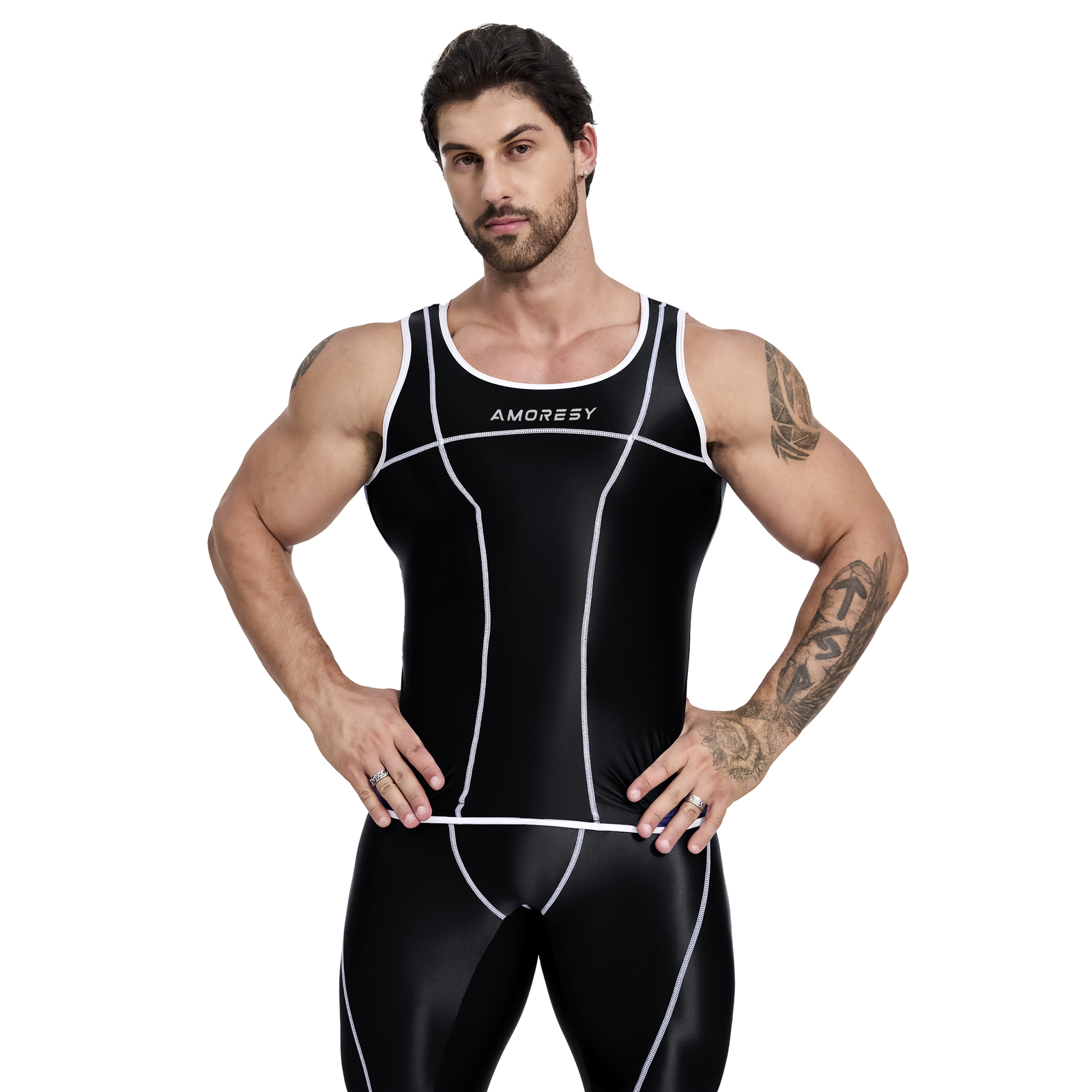 AMORESY Men Oil Glossy Activewear Tops Gym Sleeveless Sport Vests Running Tanks gallery