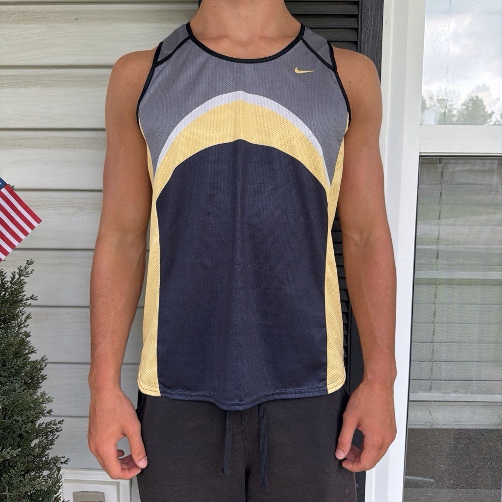 Vintage 90s Nike Navy & Gold Drifit Racing Running Jersey Singlet Size S gallery