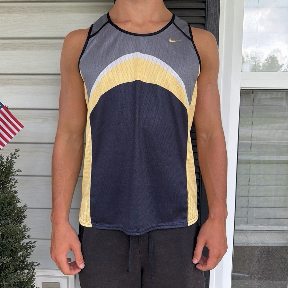 Vintage 90s Nike Navy & Gold Drifit Racing Running Jersey Singlet Size S