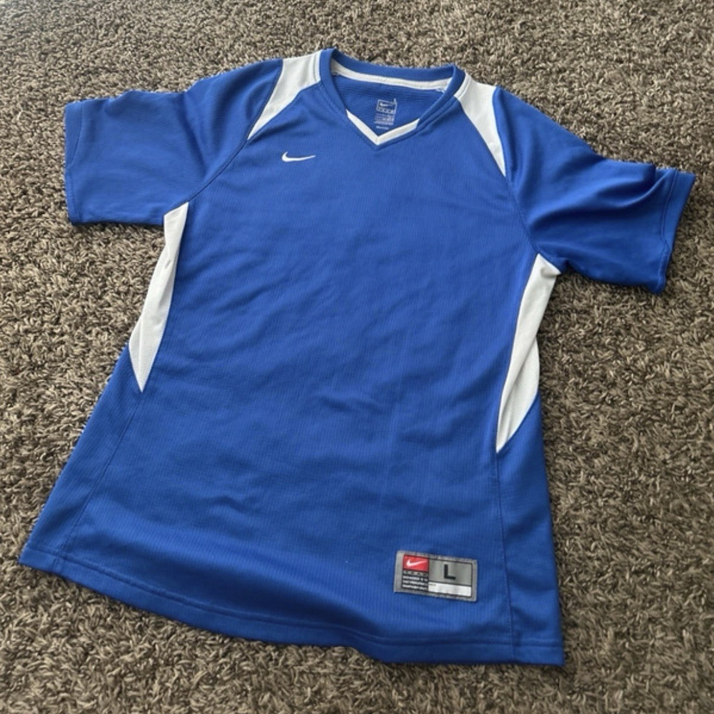Nike Team Dri-FIT Youth Boys L Blue/White V-Neck Jersey T-Shirt Polyester