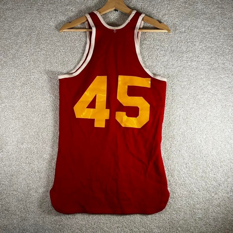 Vintage 80s red and yellow poly/rayon blend track and field tank top gallery