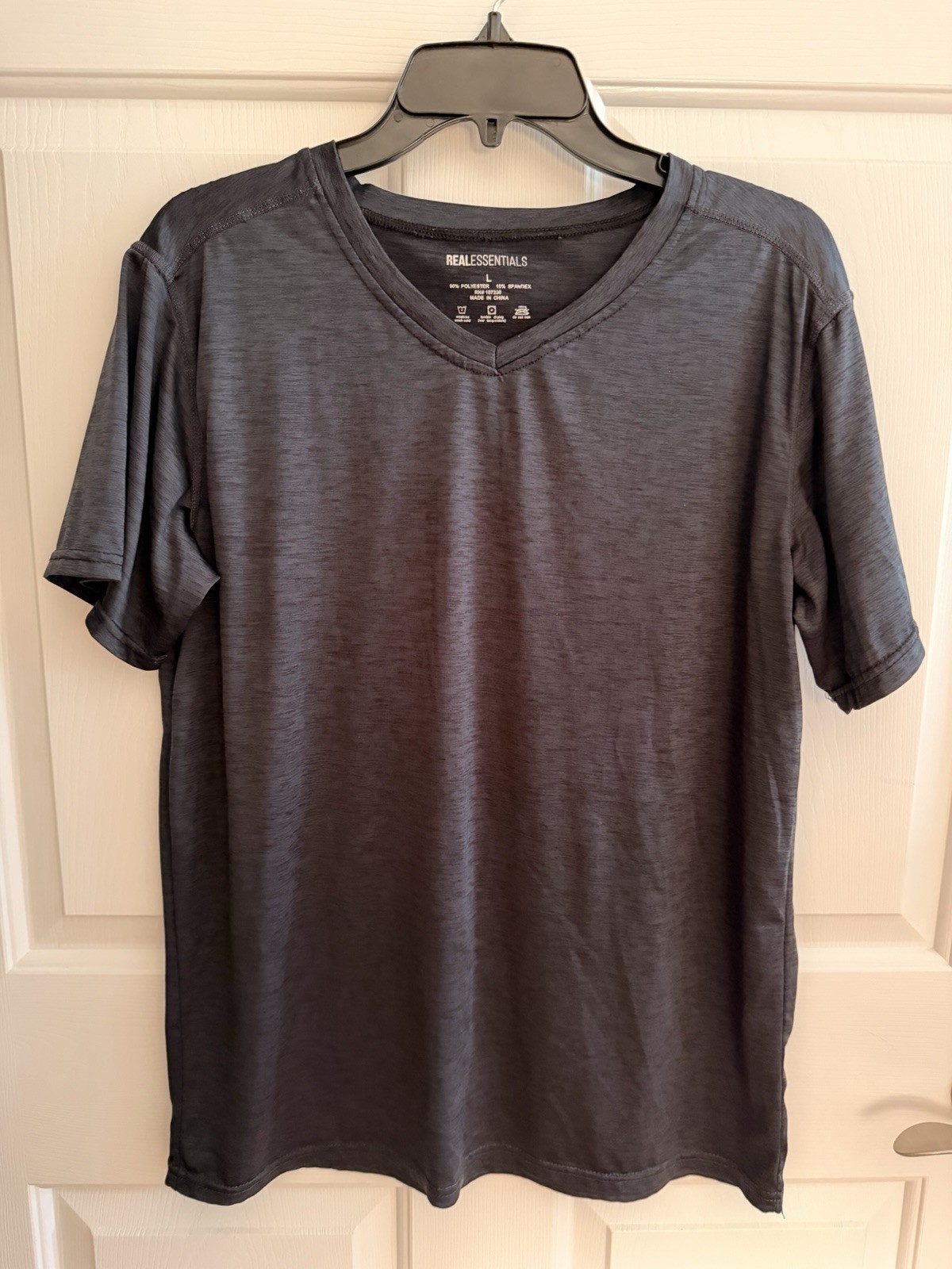 Real Essentials Dark Gray Heathered S/S V-Neck Athletic Tee, Men’s Sz Large gallery