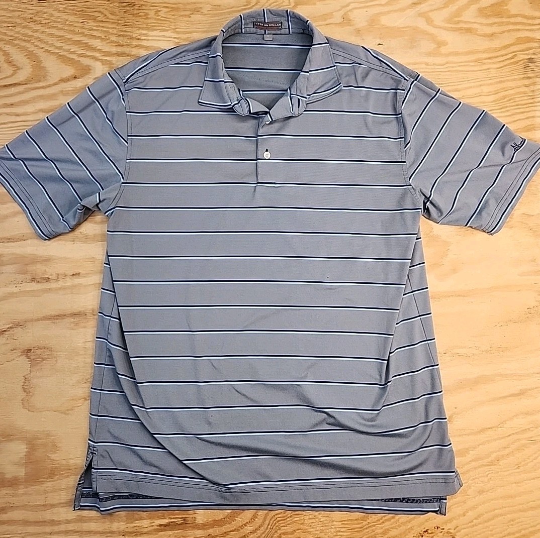 Peter Millar Summer Comfort Shady Oaks Gray Striped Golf Polo Shirt Mens Large gallery