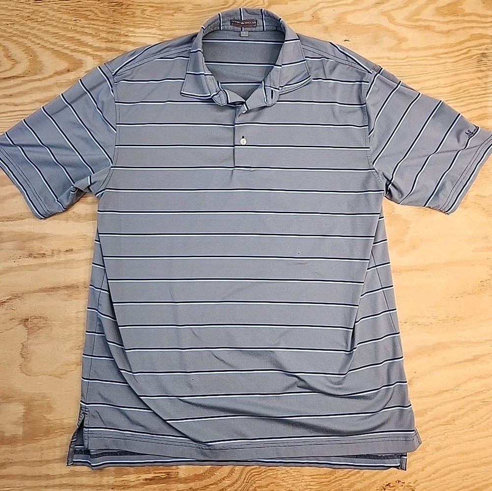 Peter Millar Summer Comfort Shady Oaks Gray Striped Golf Polo Shirt Mens Large