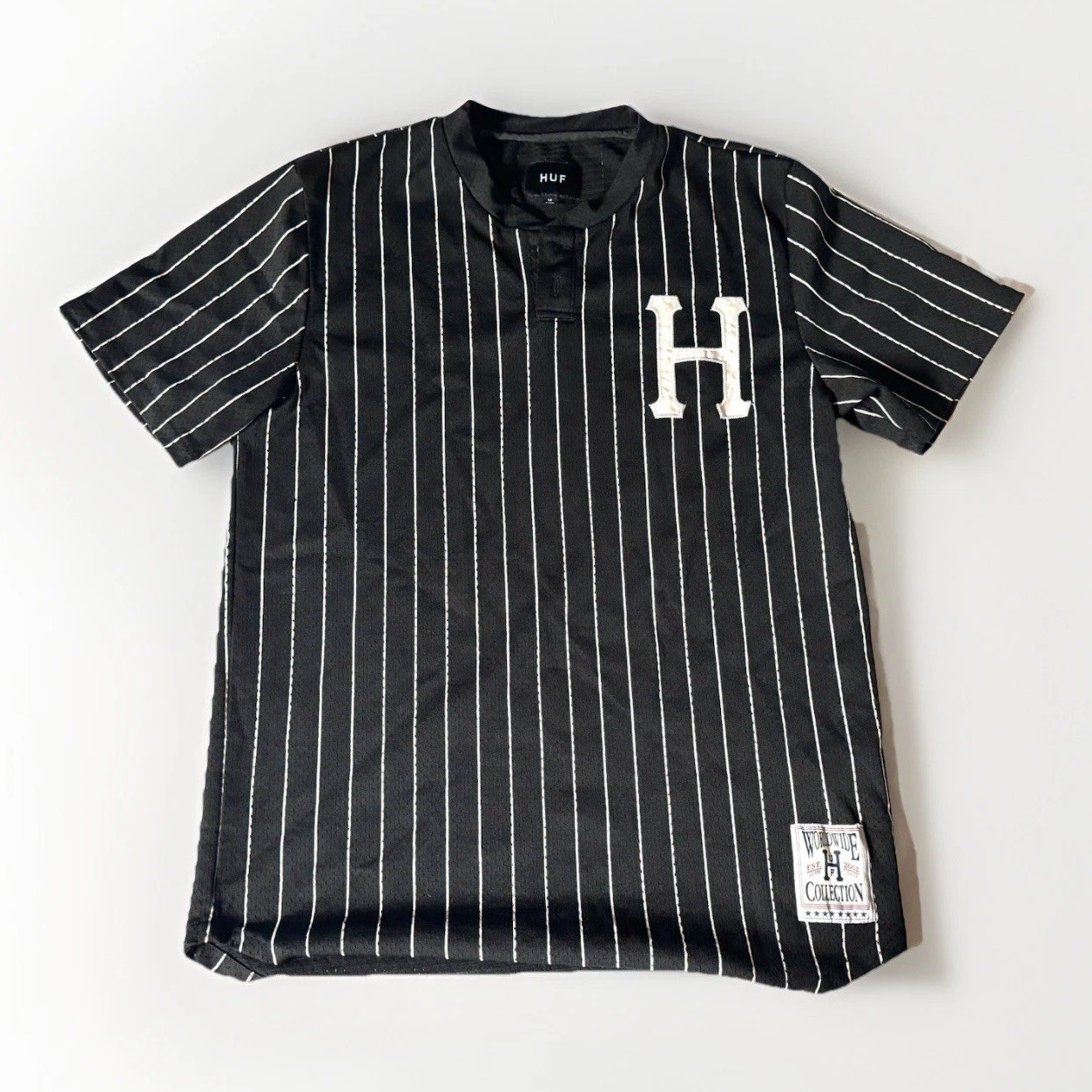 HUF Worldwide Collection Striped Mesh Baseball Jersey Embroidered Black Medium gallery