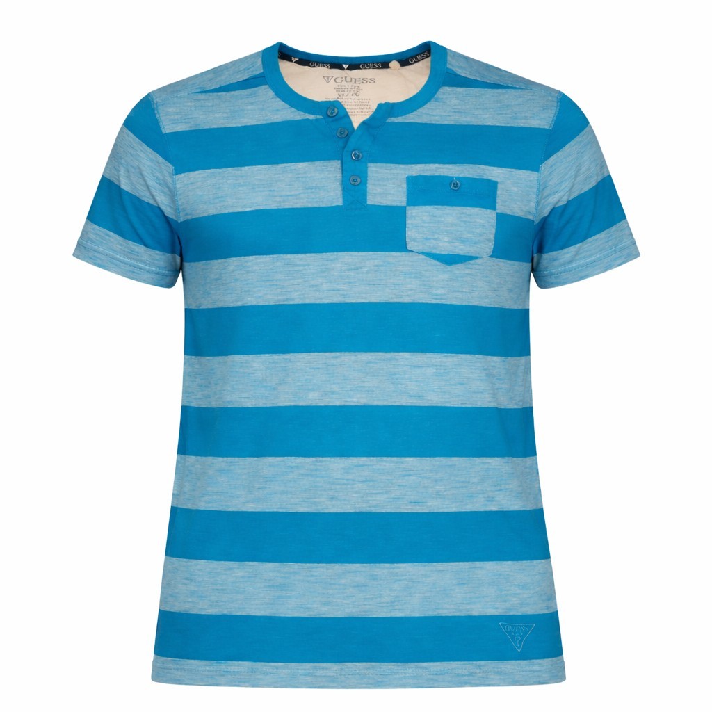 GUESS Shirt Mens Size XL Blue Striped Short Sleeve Henley Cotton Blend 90s Retro gallery